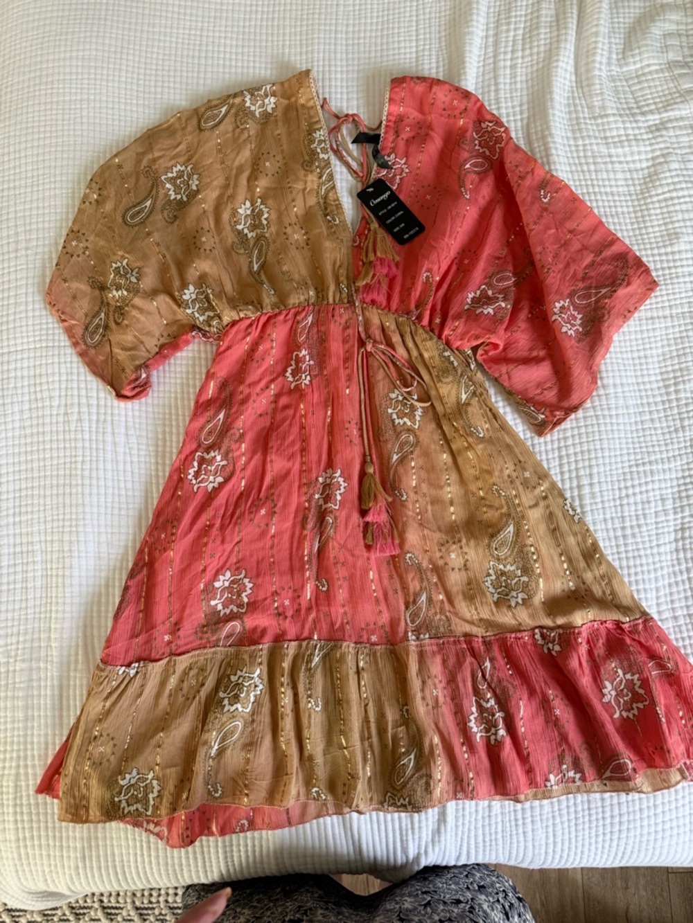 NWT Omango Coral & Tan Paisley Tassel Dress - S/M
